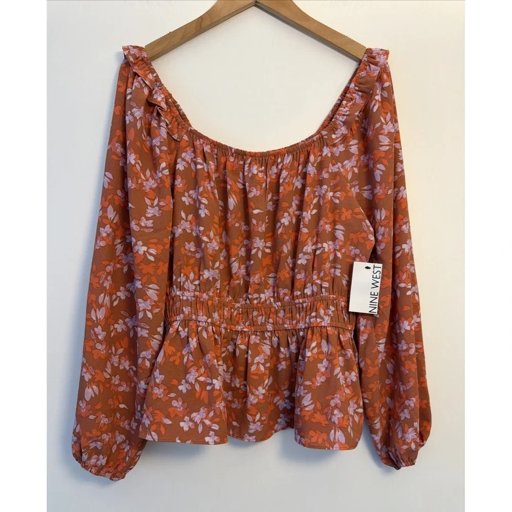 NWT Nine West Women's Peplum Floral‎ Blouse Size L Elastic Cuffs Smocked Waist